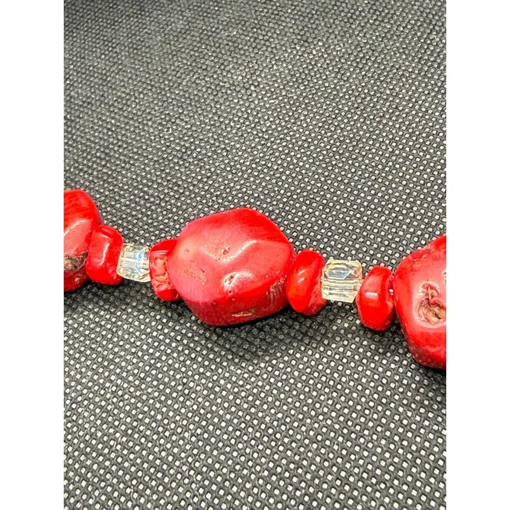 Red Chunky Coral Bead Bracelet Angel Wing Heart Toggle Clasp Boho  8.25
